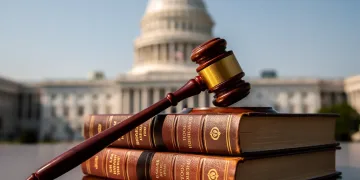 Gavel on law books with U.S. Capitol, representing federal judicial confirmations.