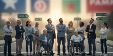 Diverse swing voters at a political crossroads, impacting 2026 elections