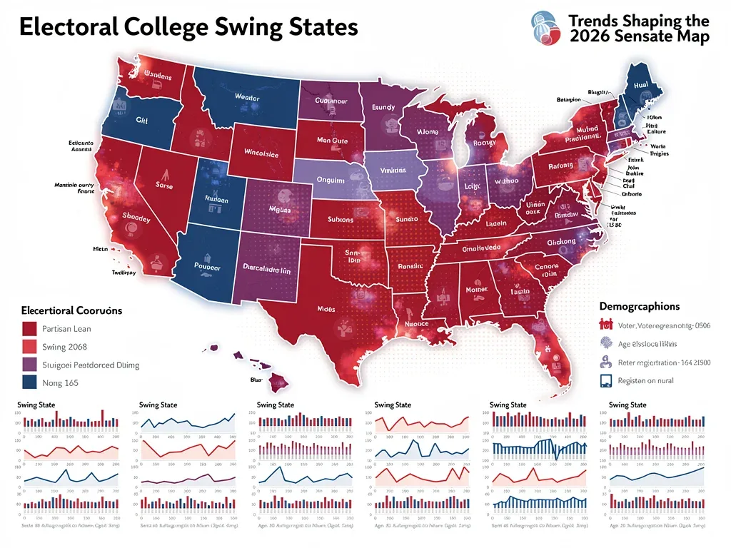 Electoral map with swing states and demographic trends impacting 2026 Senate races
