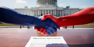 Bipartisan hands shaking over legislation at the Capitol, symbolizing compromise.
