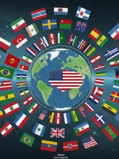 Global leaders discussing climate policy at a UN summit, with the US flag visible.