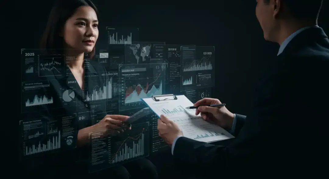 Financial advisor explaining 2025 tax policy changes to a client, with charts and data in the background.