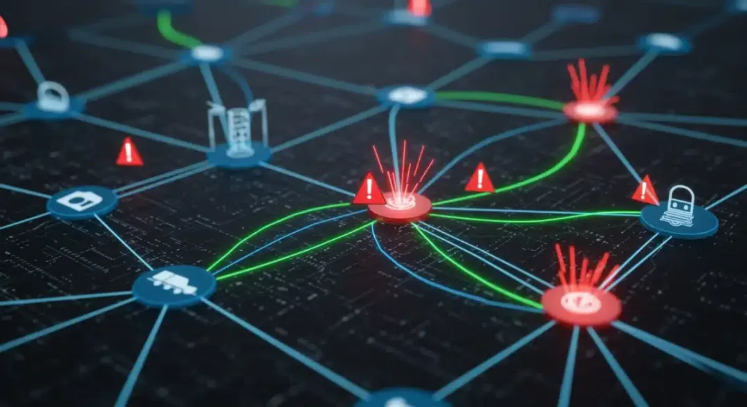 Network diagram showing vulnerable critical infrastructure sectors under cyber attack.
