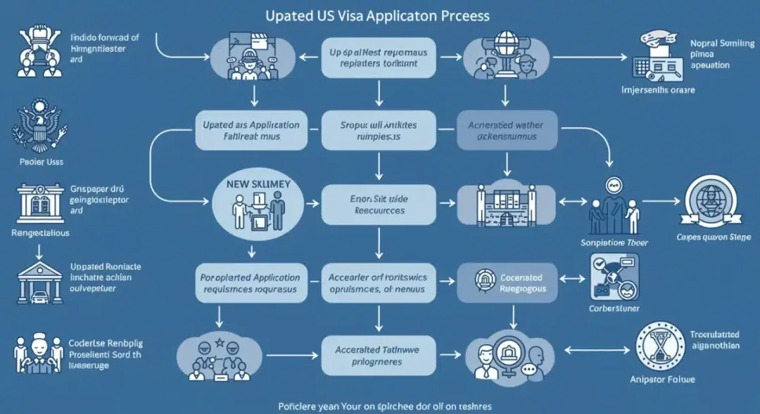 Infographic showing updated US visa application process with new requirements.