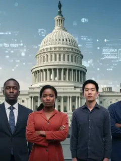 Diverse individuals facing US Capitol, symbolizing recent immigration policy changes in late 2025.
