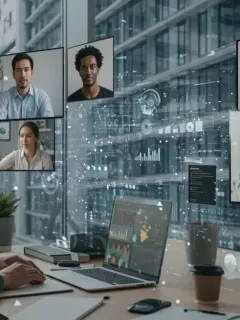 Professionals collaborating remotely on screens, symbolizing modern workforce trends and digital connectivity in U.S. corporations.