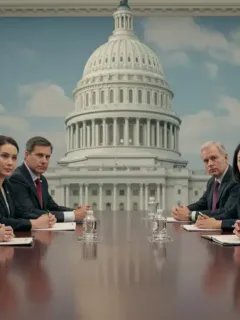Influential figures discussing US healthcare policy at a conference table with Capitol in background
