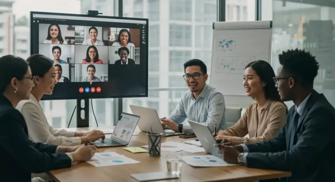 Diverse team collaborating on global market entry strategy via video conference