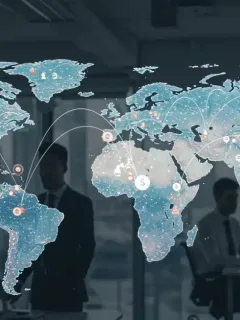 Global business expansion map with digital connections and diverse professionals