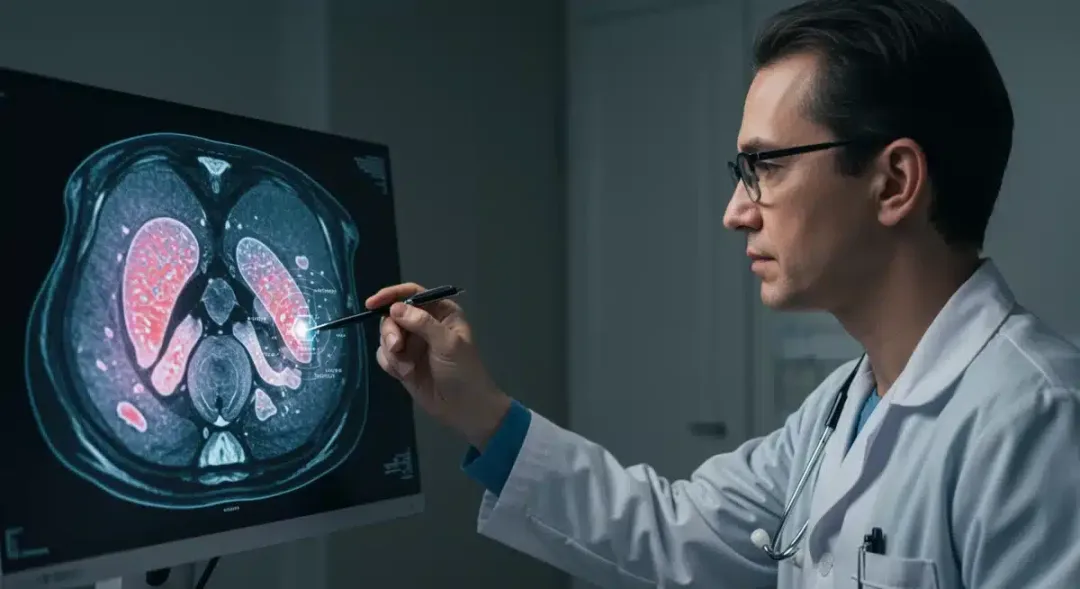AI assisting medical diagnosis with enhanced imaging.