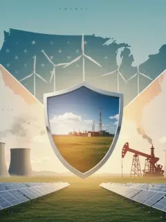 Diverse energy sources converging towards a national security shield, symbolizing future energy policy choices.