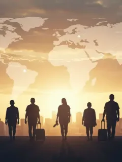 Diverse immigrants walking towards a modern city skyline, symbolizing global migration's impact on U.S. policy.