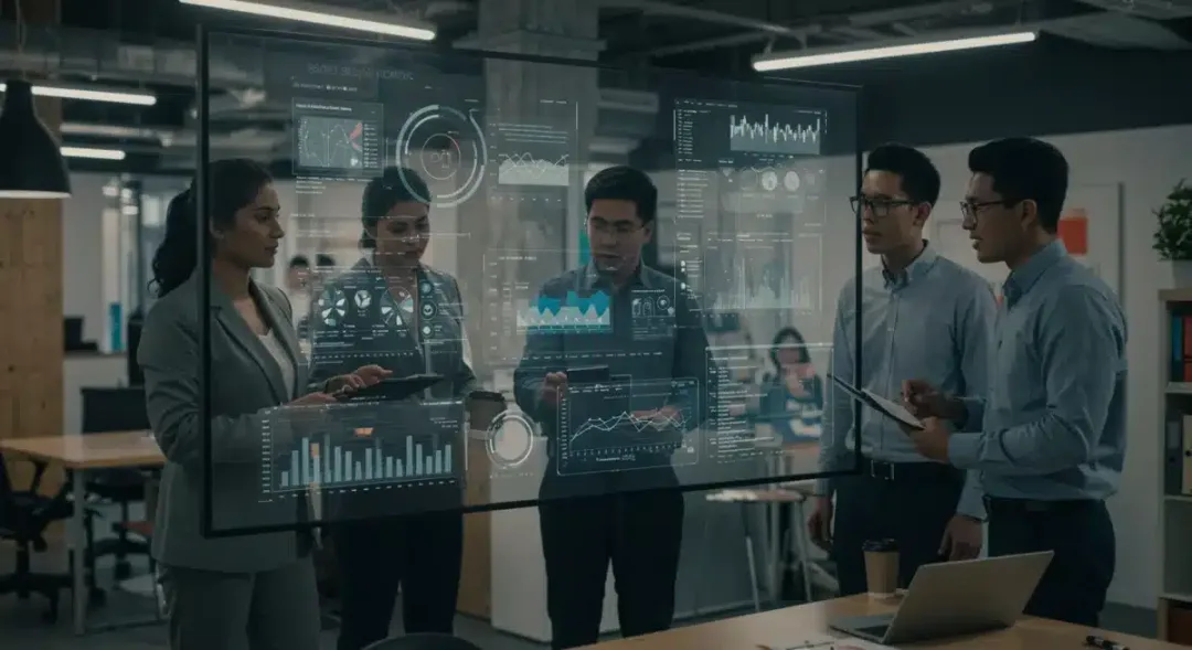Business team analyzing supply chain data on a digital dashboard, focusing on risk management and strategic planning.