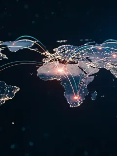 Global supply chain map with U.S. focus, showing interconnected trade routes and industrial centers.