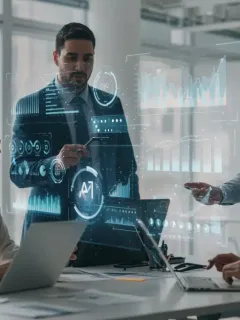 Business team collaborating with AI data projection for productivity growth