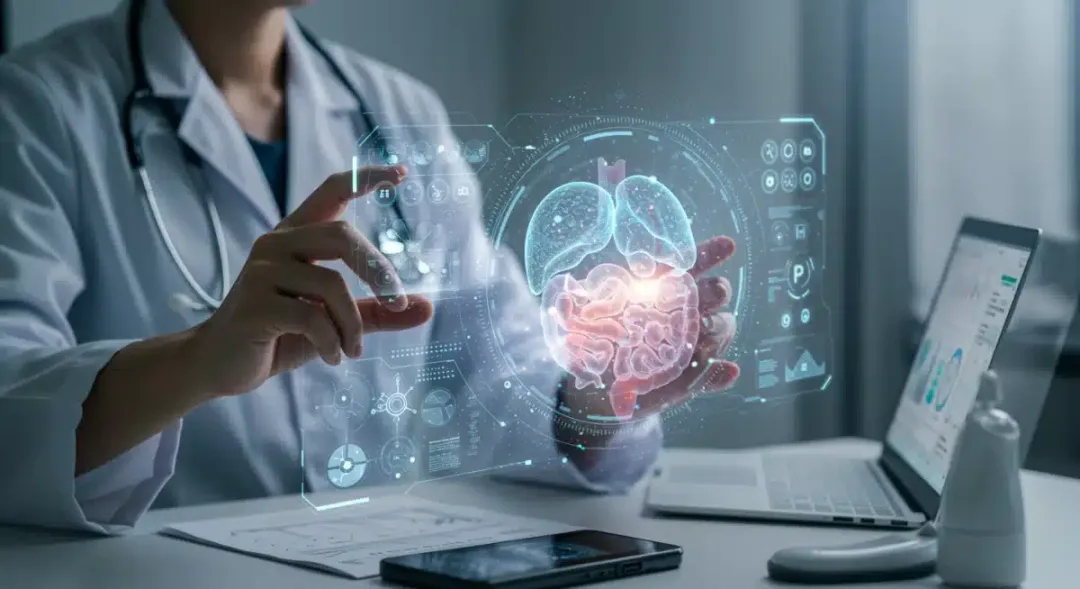 Medical professional using AI to analyze holographic diagnostic data for personalized medicine