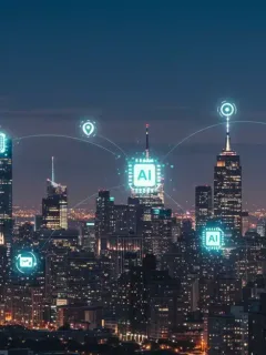 Futuristic cityscape with AI data overlays symbolizing industrial transformation in 2025