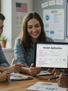 Small business owners reviewing federal grant applications for 2025