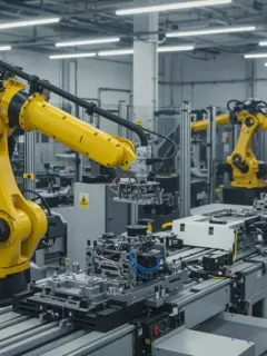 Industrial robotic arm assembling components in a modern US factory