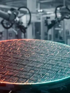 Detailed silicon wafer with microchips, symbolizing semiconductor manufacturing and the ongoing shortage.