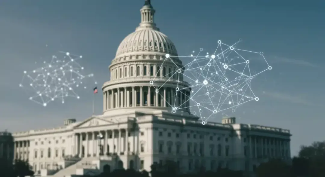 Intricate AI neural network overlaying the U.S. Capitol building, symbolizing AI's impact on policy.