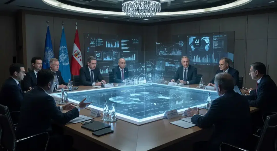 International leaders discussing AI governance and global technological cooperation.