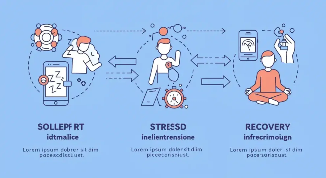 Infographic showing sleep, stress, and recovery interconnectedness monitored by wearables.