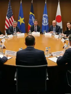 Diplomats discussing international conflict resolution strategies for 2025, highlighting U.S. leadership.
