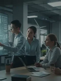 Professionals analyzing sustainable investment data in a modern green office
