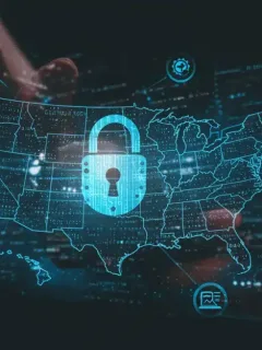 Digital padlock securing data over US map, symbolizing data privacy laws and compliance for tech firms in 2025.