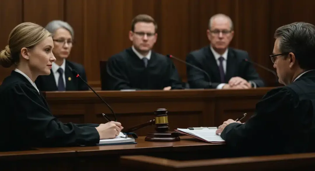 Courtroom scene with judge and legal professionals, illustrating ongoing judicial process.