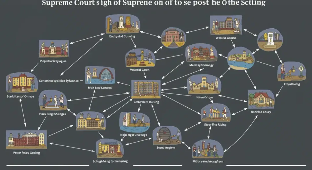 Interconnected legal and political concepts graphic, showing broad societal impact of court decisions.