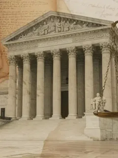 United States Supreme Court building with legal symbols, representing upcoming 2025 docket decisions.