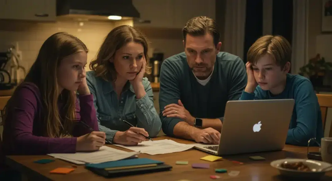 Family reviewing financial documents, planning for 2025 policy changes