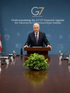 G7 leaders discussing global economic stability at a formal summit, representing key agenda points for 2025.