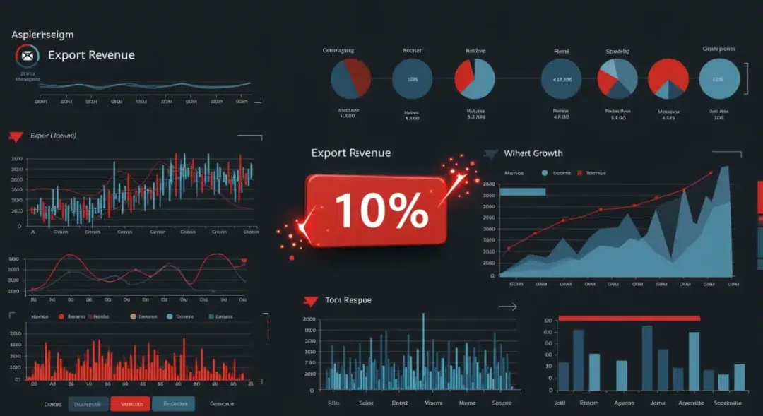 Digital dashboard showing 2025 export revenue growth targets and market analytics.