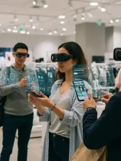 Shoppers using augmented reality in a modern retail store to virtually try on clothes and visualize products.