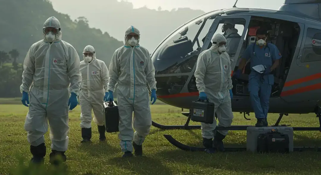 Rapid response team deploying to a health crisis, emphasizing swift intervention.