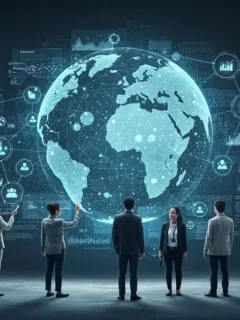 Global health experts collaborating on a digital globe, symbolizing international health security efforts.