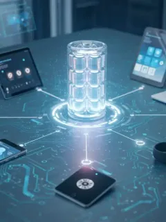 Futuristic battery cells powering consumer electronics with extended lifespans.