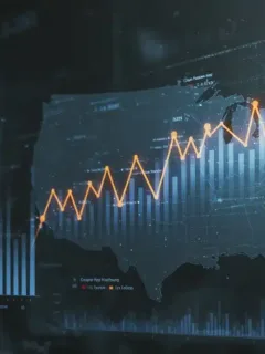Charts and graphs representing economic growth and U.S. GDP projections for 2025, with a subtle American flag background.
