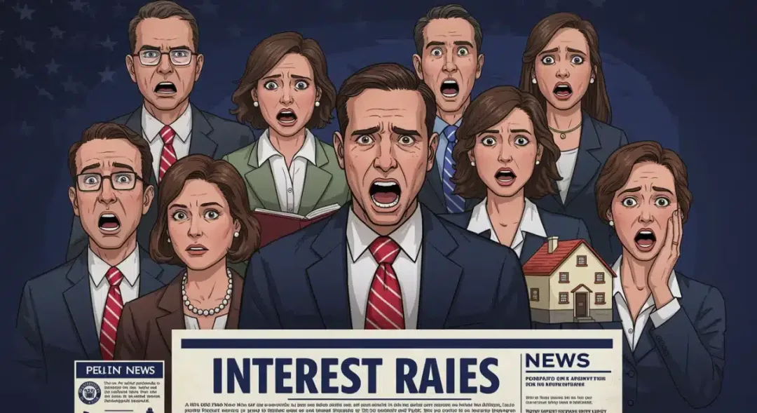 Diverse American citizens reacting to news about interest rates, symbolizing the everyday impact of monetary policy and its political implications.