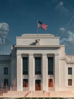 US Federal Reserve building with overlaid economic charts and subtle political imagery, representing 2025 interest rate projections and their political ramifications.