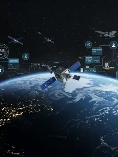 Illustration of satellites and data streams in Earth orbit, representing new US space governance regulations.