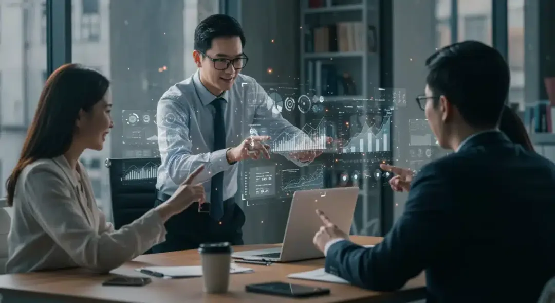 Avatars collaborating in a virtual meeting room, showcasing metaverse business collaboration.