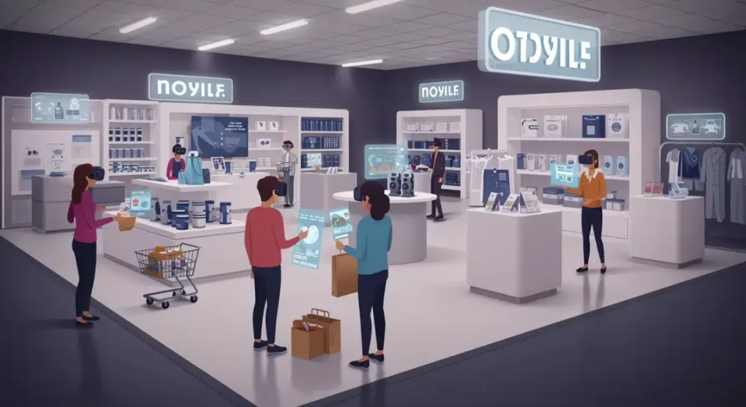 Metaverse digital storefront with avatars shopping, illustrating new revenue streams.