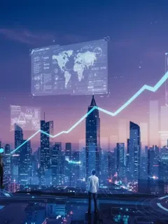 Futuristic virtual city with avatars and growth charts representing metaverse business opportunities in 2025.