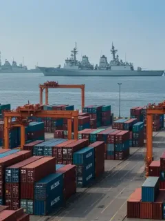 Shipping containers at a major port with naval ships in background, representing South China Sea supply chain risks.