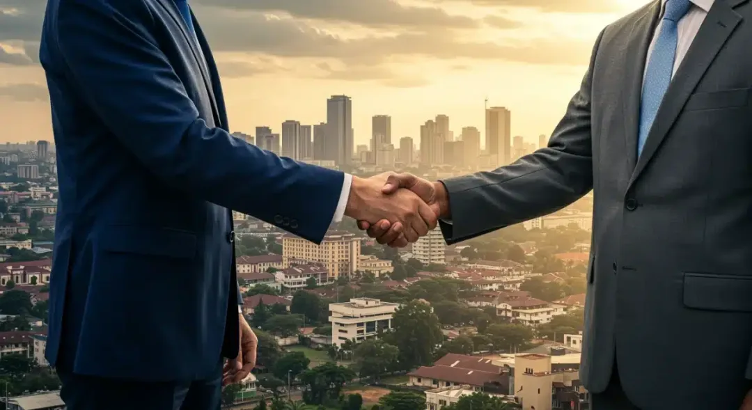 American and African business executives shaking hands, symbolizing new partnerships and investment.