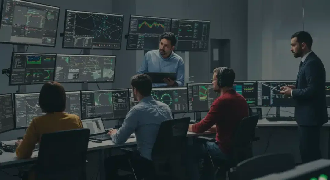 Cybersecurity team collaborating in a high-tech control room